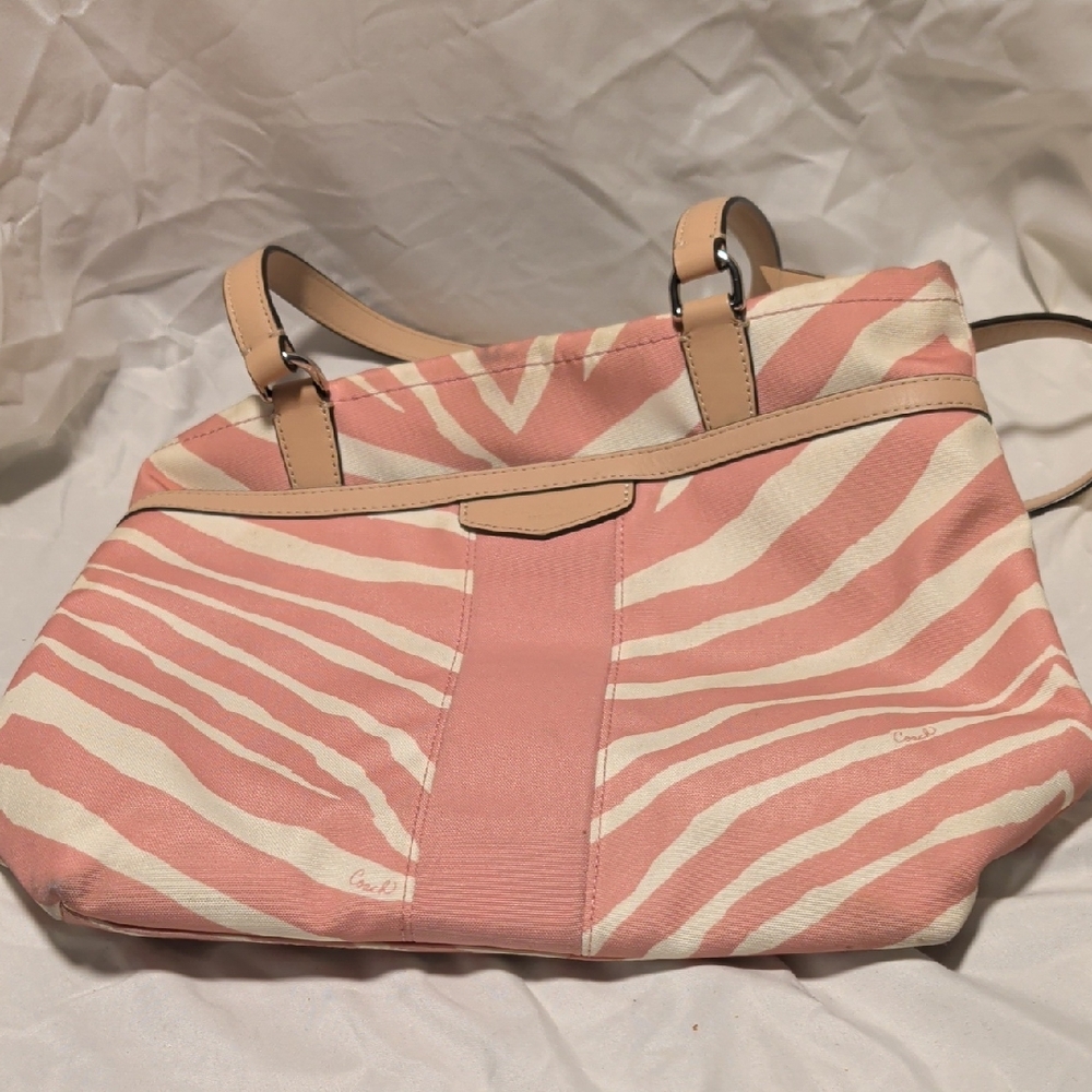 Coach Pink and White Zebra-Print Canvas Tote with Tan Trim